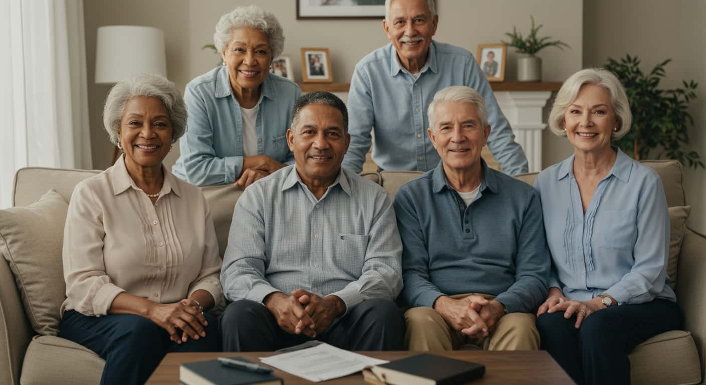 Final Expense Insurance for Seniors, a group of happy seniors (ages 65-80) sitting together in a comfortable living room setting