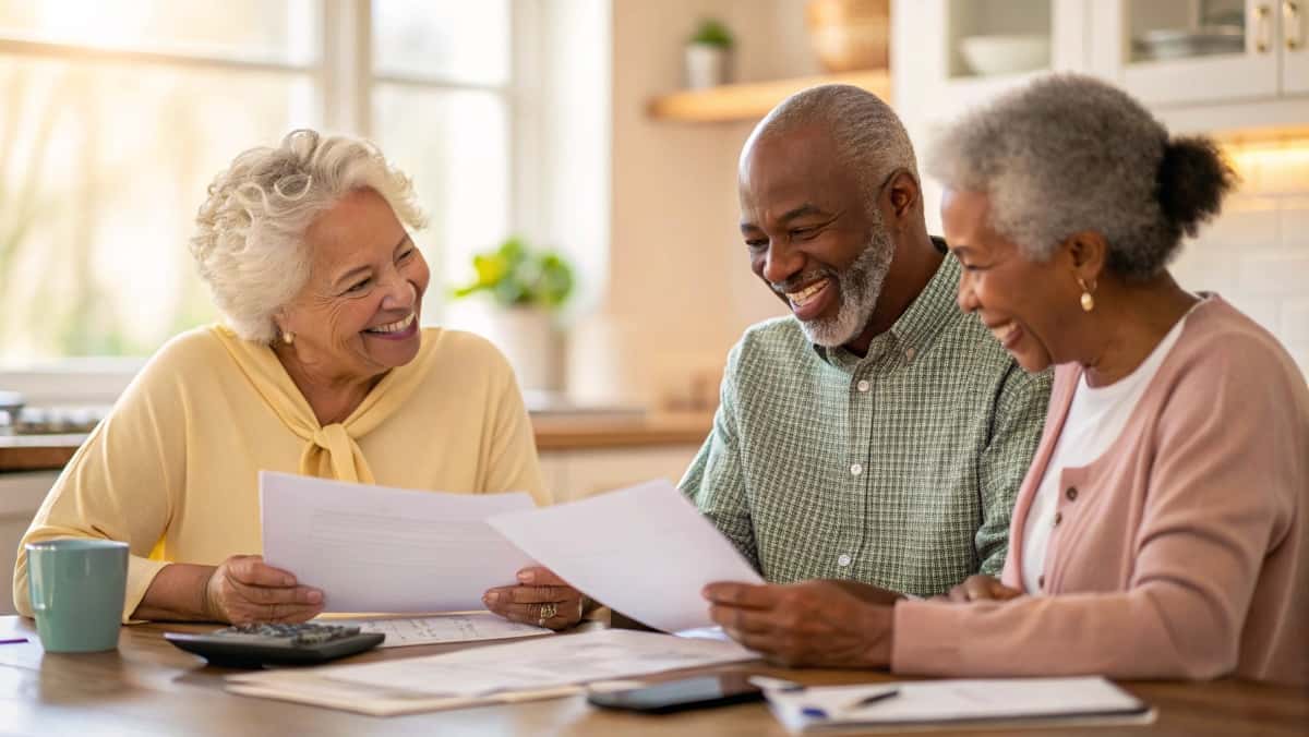 Lower life insurance premiums for seniors on a fixed income Senior couple reviewing affordable life insurance policy documents and comparing premium costs while managing their fixed income retirement budget