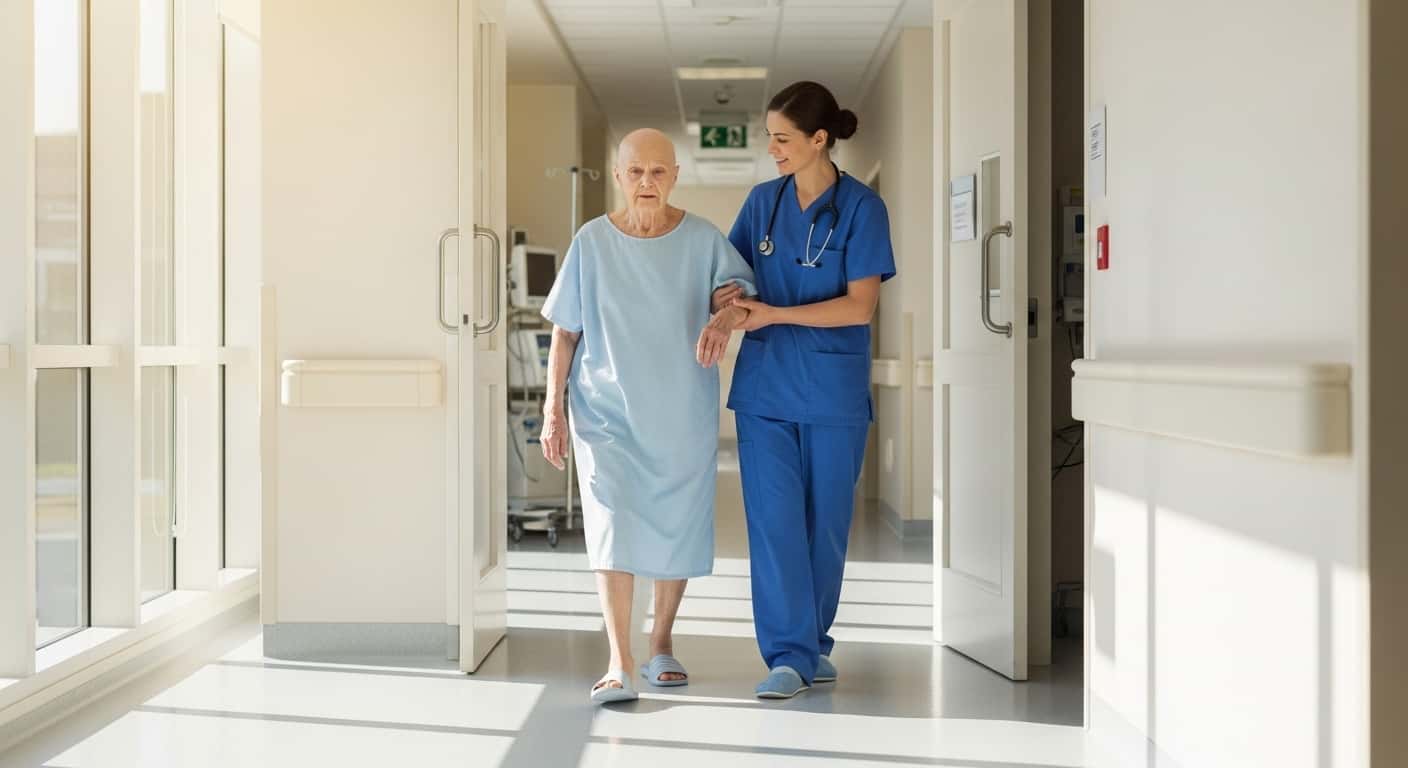 life insurance for seniors with cancer history, old woman with cancer walking out from kemotherapy, in a clean daylight hospital corridor held by a nurse