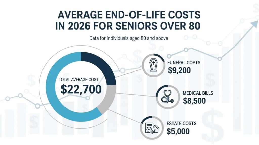 Infographic displaying average funeral costs of $9,200, medical bills $8,500, and estate costs $5,000 for seniors over 80 in 2026