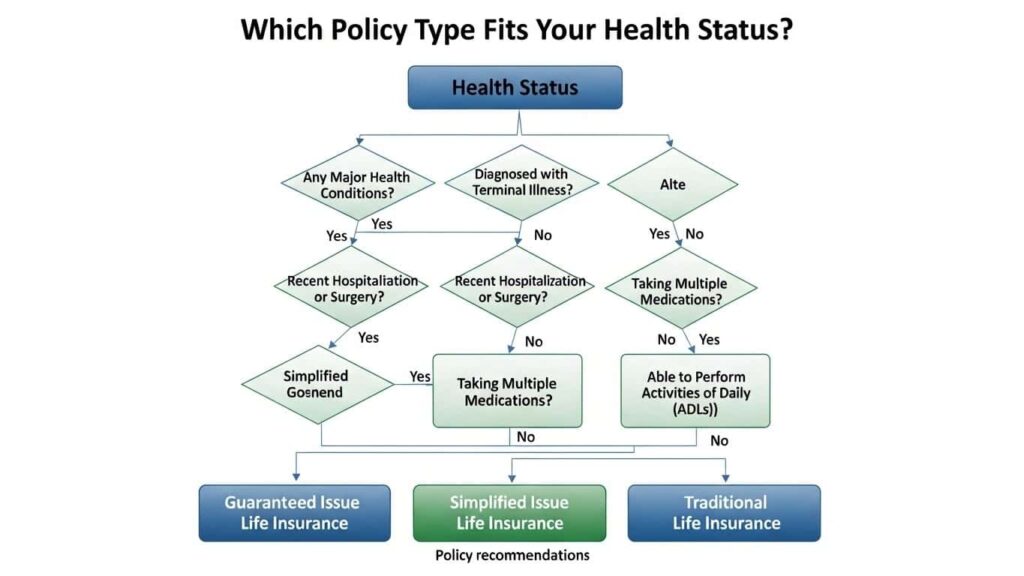 Comparison of guaranteed issue, simplified issue, and whole life insurance showing costs, exam requirements, and waiting periods for seniors over 80